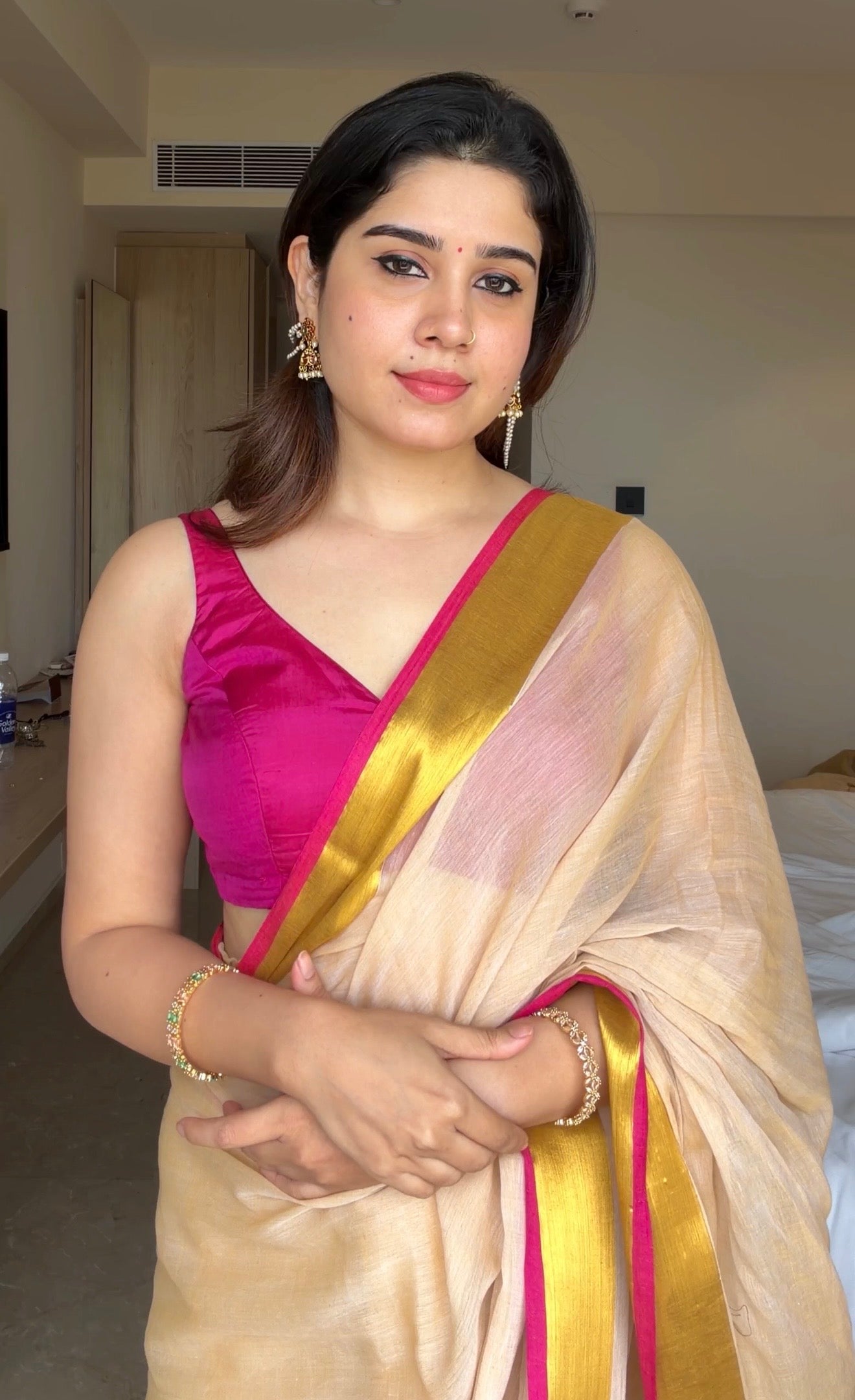 Rani Pink Kara kasavu saree