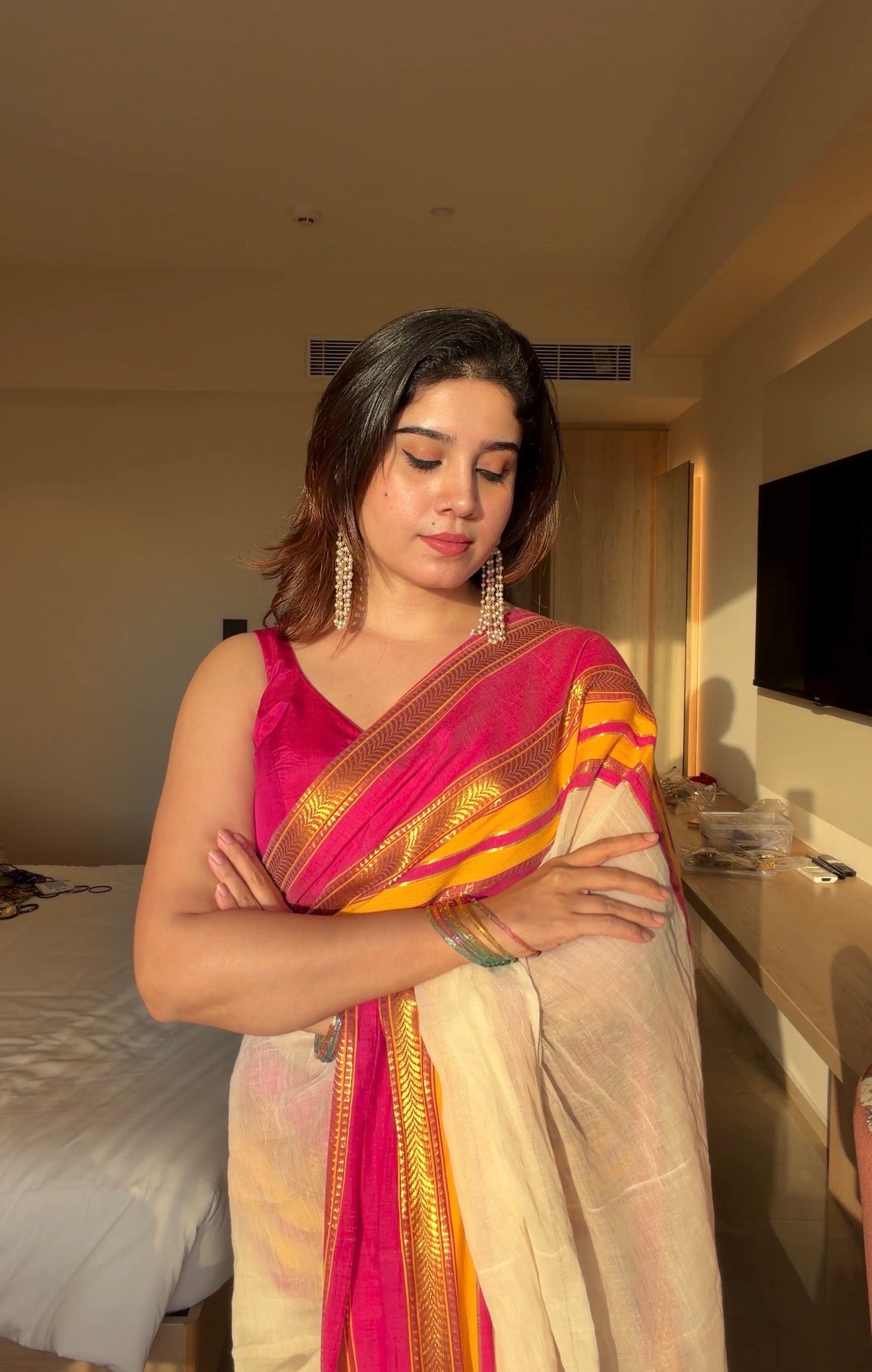 Rudra Pink & Yellow Kara Kasavu saree