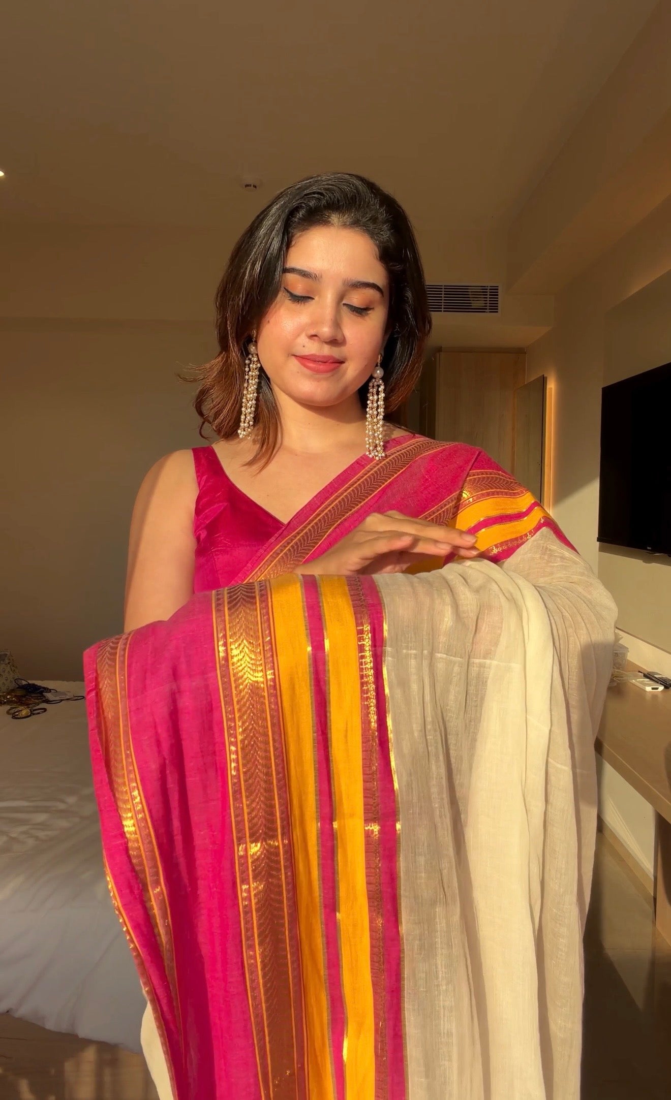 Rudra Pink & Yellow Kara Kasavu saree