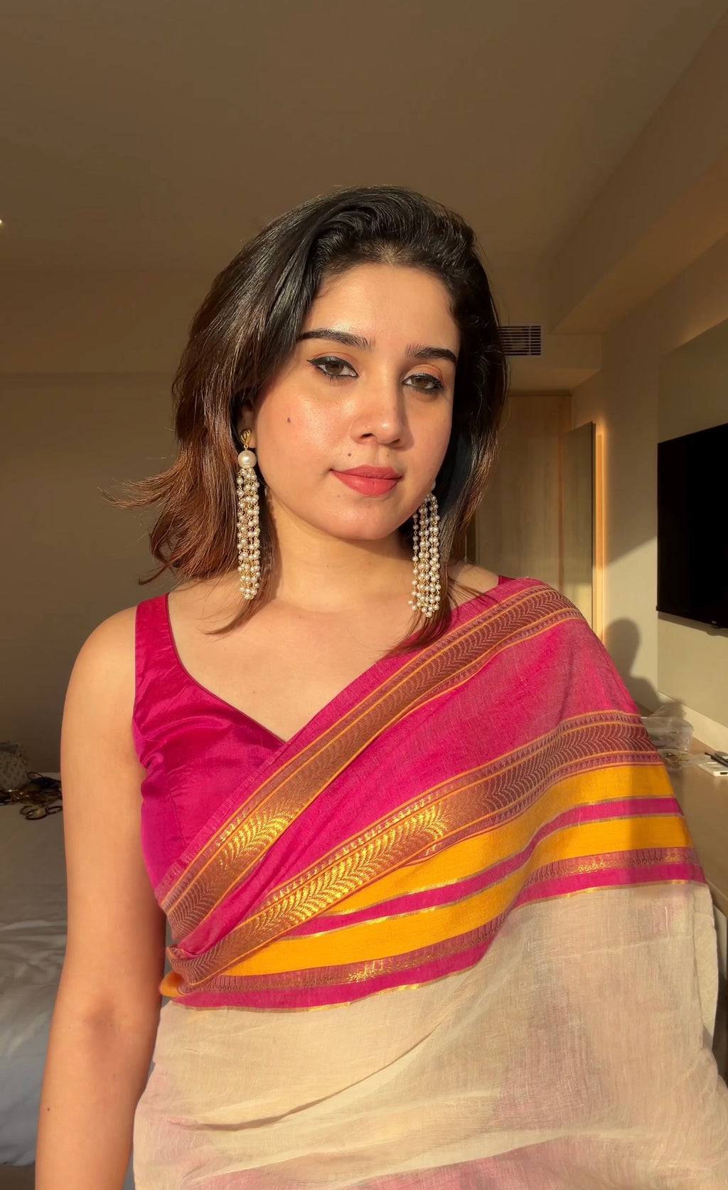 Rudra Pink & Yellow Kara Kasavu saree