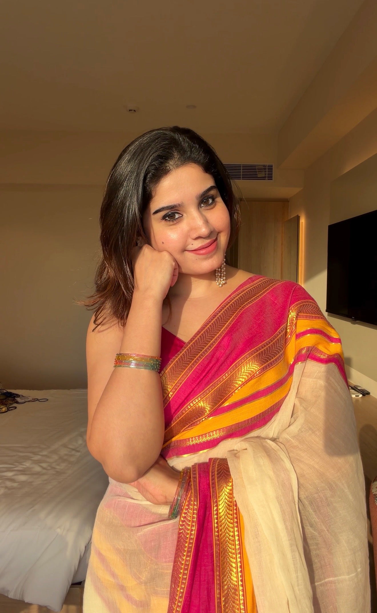 Rudra Pink & Yellow Kara Kasavu saree