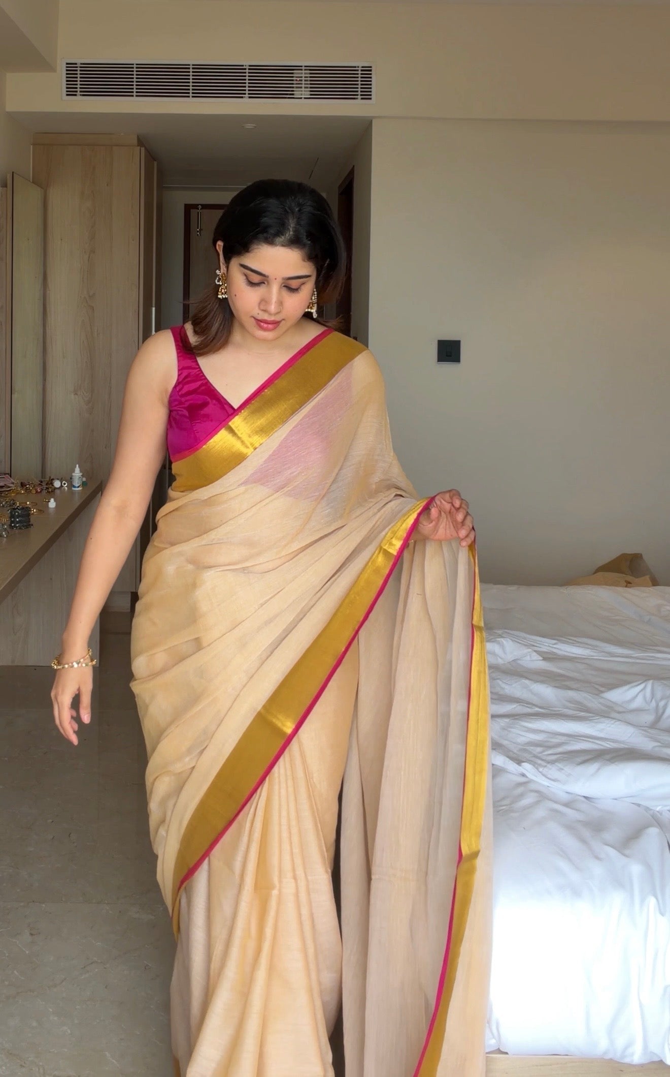 Rani Pink Kara kasavu saree